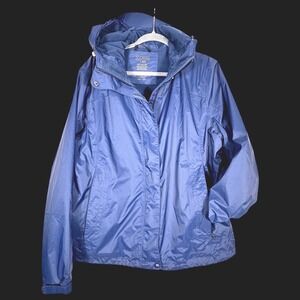 LL Bean Womens Blue Lightweight Hooded Fleece Lined Nylon Rain Jacket Large REG